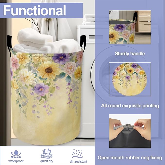 Yellow Wisteria Flowers Laundry Basket-Large Foldable Hamper Holder Portable Tall Collapsible Laundry Hamper Storage Basket Bin with Handles, Canvas & Waterproof lining for Household Items