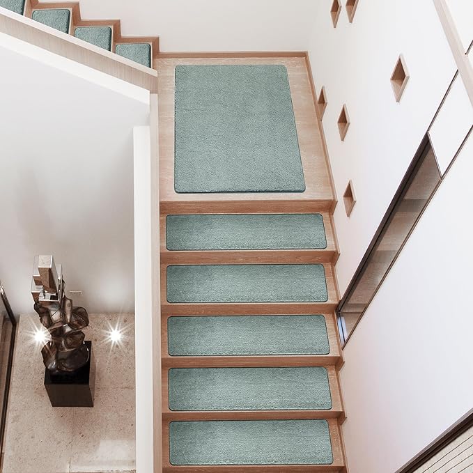PURE ERA Carpet Stair Treads Ultra Plush 8 x 30 inch Soft Indoor Stair Protectors Pet-Friendly Non-Slip Skid Resistant Tape Free Washable Reusable(7 Pieces,Greenish Gray)
