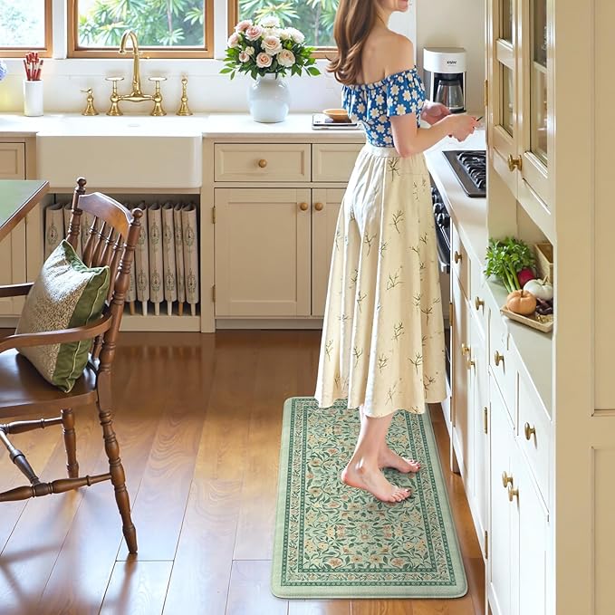 KIMODE Kitchen Mats Cushioned Anti Fatigue 20"x39", Green Floral Kitchen Mats for Floor, Padded Kitchen Floor Mats Non Slip, Standing Mat for Laundry Office Sink Desk