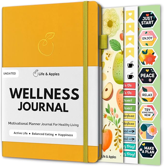 Life & Apples Daily Wellness Journal - Guided Journal & Planner for Wellbeing, Gratitude & Healthy Routines | Food & Fitness Journal, Habit Tracker, Weight Loss Diary | Undated A5 Yellow