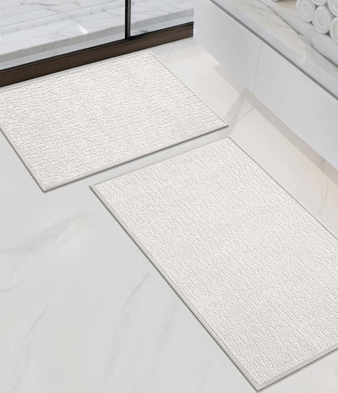 chakme 2 Piece Bathroom Rug Set, Ultra Thin Bath Mat, Absorbent, Non Slip, Machine Washable, White, 17" x 24"
