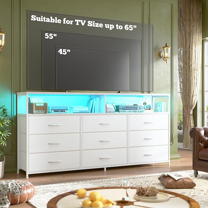 55" W White Dresser for Bedroom with 9 Drawers, LED TV Stand with Power Outlets for 45, 55, 65 Inch TV, Sturdy Long Chest of Drawers with Extra 2 Wooden Shelves, 55.1" W x 35.4" H x 11.8" D