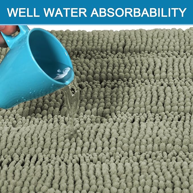 H.VERSAILTEX Bathroom Rug Sets 2 Piece Bath Mats Non Slip Thick Soft Chenille Striped Bath Rug achine Washable Shower Floor Rugs for Tub, Shower and Floor (Eucalyptus Green, 36"x24" Plus 20"x24" U)