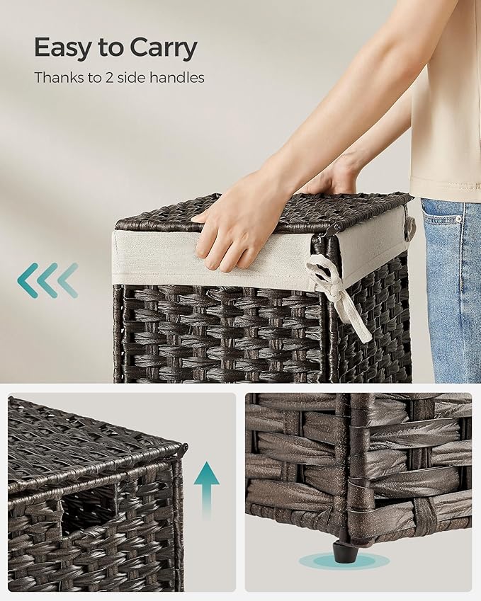 SONGMICS Storage Basket with Lid, Woven Blanket Storage Bin with Handles, Foldable, Removable Liner, Metal Frame, for Bedroom, Laundry Room, 9.2 Gallons (35 L), Brown URST040K01