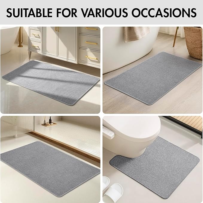 MIULEE Set of 2 Ultra Thin Bathroom Rugs, Rubber Bath Mats for Bathroom Non Slip, Quick Dry Absorbent Bath Rug Machine Washable, Fit Under Door, Shower, Sink, Home Decor, Grey, 20x32 Inch