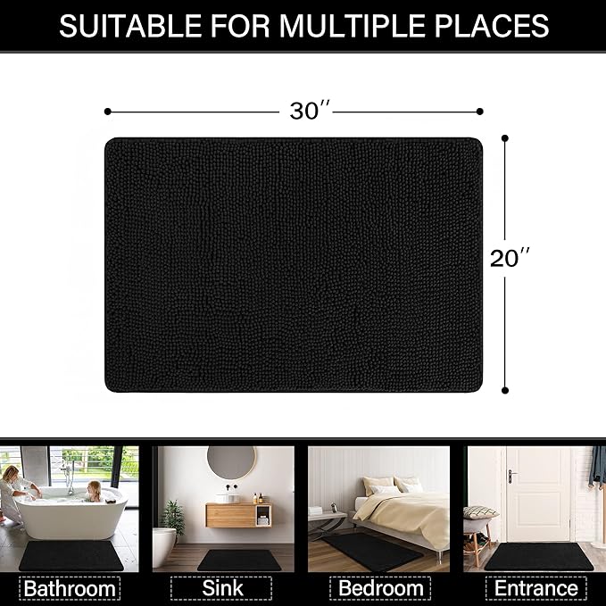 LOCHAS Luxury Bathroom Rug Shaggy Bath Mat 20 x 30 Inch, Washable Non Slip Bath Rugs for Bathroom Shower, Soft Plush Chenille Absorbent Carpets Mats, Black