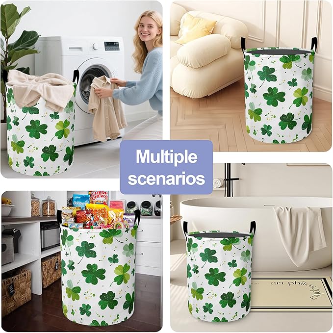 Green Lucky Clover Laundry Basket-Large Foldable Hamper Holder Portable Tall Collapsible Laundry Hamper Storage Basket Bin with Handles, Canvas & Waterproof lining for Household Items