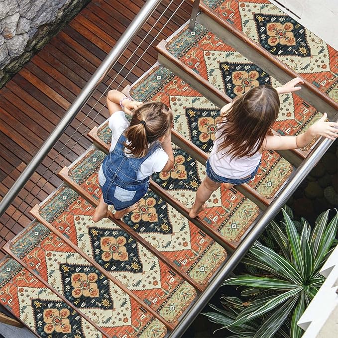 OJIA Non-Slip Carpet Stair Treads for Wooden Steps Set of 15, 30''X8'' Indoor Runner Resistant Rugs Rubber Safety Mats for Dogs, Kids & Elders, Stairway Grip
