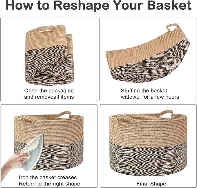 Large Storage Basket with Handle,19.7" L x 19.7" W x 13" H Blanket Basket Storage Bins for Organizing,65L Cotton Rope Woven Baskets for Living Room, Nursery ,Bedroom,Rainbow