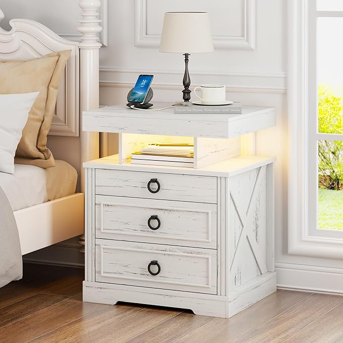 Gurexl Farmhouse Night Stand with Lockable Gun Drawer,LED Nightstand with Charging Station,Bedside Table with Human Sensor 3-Color Lights,End Table with 3 Drawers,Bedroom,White