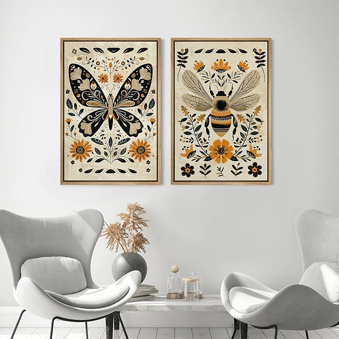 MUDECOR Framed Canvas Print Wall Art Set Butterfly Animals Botanical Bee llustrations Modern Art Decorative Bohemian Calm/Zen for Living Room, Bedroom, Office - 24"x36"x2 Natural