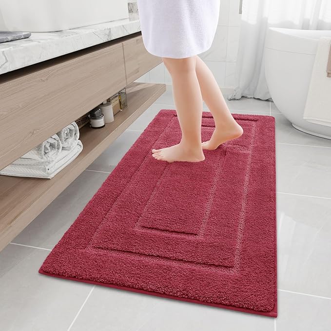 Buganda Bathroom Rugs, 47" x 24", Soft and Absorbent Microfiber Bath Rugs, Non-Slip Shaggy Shower Carpet, Machine Wash Dry Bath Mats for Bathroom Floor, Tub and Shower, Burgundy