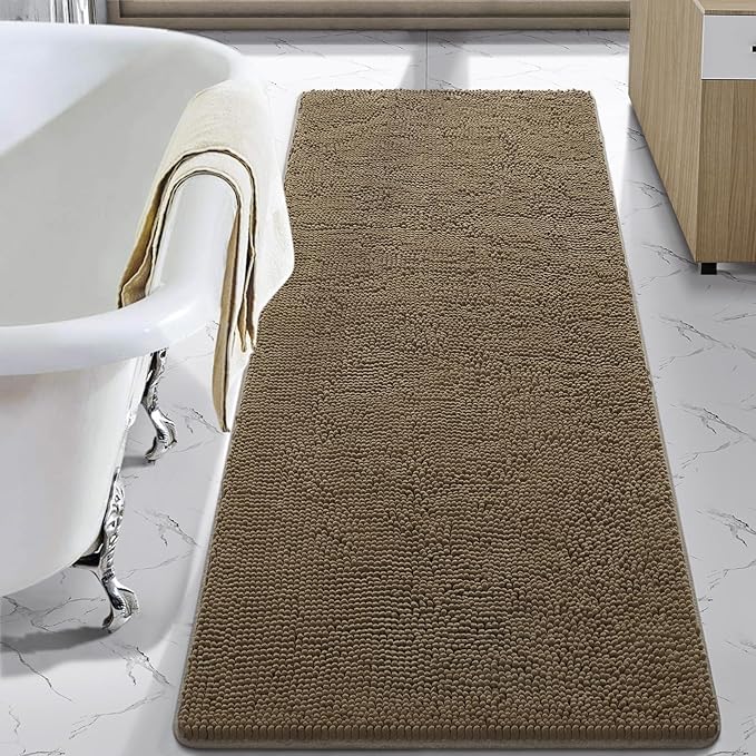 LOCHAS Luxury Bathroom Rug Shaggy Bath Mat 24 x 60 Inch, Washable Non Slip Bath Rugs for Bathroom Shower, Soft Plush Chenille Absorbent Carpets Mats, Tan