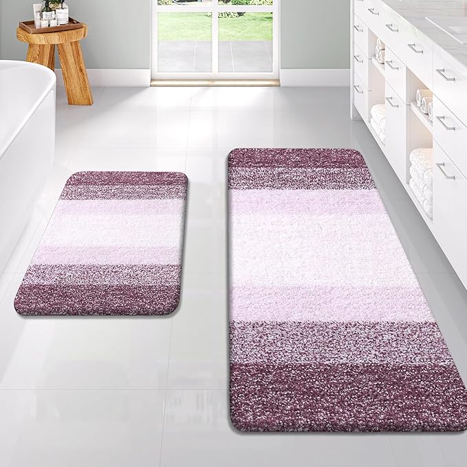 OLANLY Bathroom Rug Set 2 Piece, Soft Absorbent Microfiber Bath Rug Set, Non-Slip, Machine Wash Dry, Plush Shaggy Bath Mats for Bathroom (47"x20"+24"x16", Mauve)