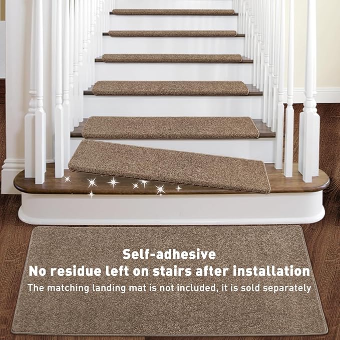 PURE ERA Bullnose Carpet Stair Treads Set Tape Free Non-Slip Indoor Stair Protectors Pet Friendly Rugs Covers Soft Skid Resistant Washable Reusable 9.5" x 30"(14 Pieces, Camel Brown)