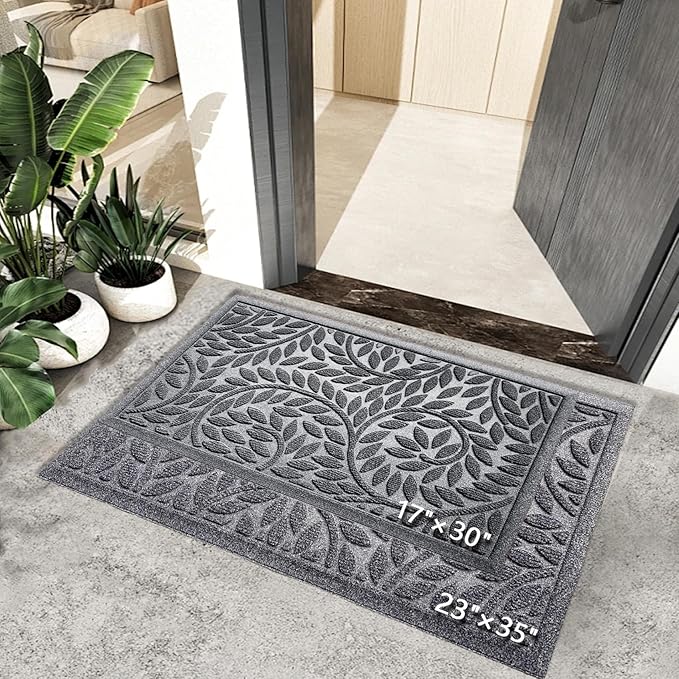Bulijojo Front Door Mat Entrance,Durable Heavy Duty Welcome Mat,Thick Absorbent Natural Rubber Non Slip Mat,Sturdy Entryway Grey 17"x30"