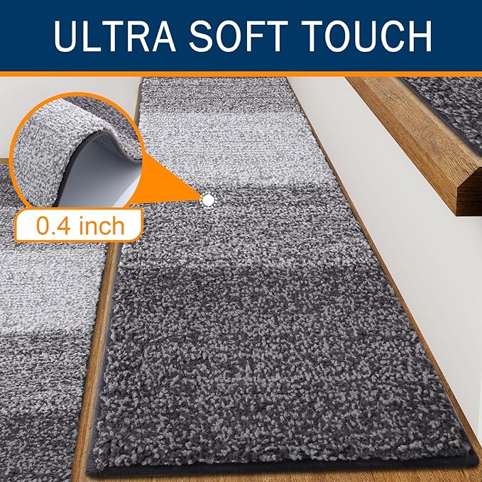 OLANLY Stair Treads Non Slip 4PCS, 8" x 30" Indoor Stair Runners for Wooden Steps, Edging Stair Rugs with Reusable Peel and Stick Adhesive for Kids Elders and Pets, Grey