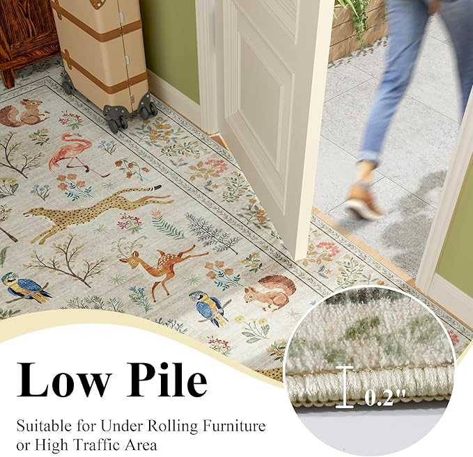 DUKINO 6ft Round Rug for Bedroom, Animal Print Washable Circle Rug with Low Pile Design, Soft Indoor Floor Non Slip Carpet for Entryway, Living Room, Office, Dining Room, Beige