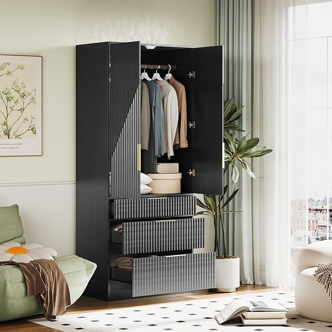 71.7" Wardrobe Armoire Wooden Closet with 2 Doors and 3 Drawers, Bedroom Armoire with Hanging Rod Shelf, Large Capacity Storage Wardrobe Armoire, Freestanding Wooden Closet Storage Cabinet Black
