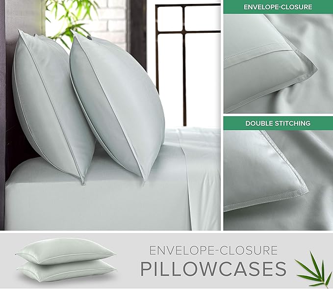 Pure Bamboo Twin Sheets, Genuine 100% Organic Viscose Derived from Bamboo Bed Sheet Set, Luxuriously Soft & Cooling, Double Stitching, 2 Year Quality Promise (Twin, Sea Glass)