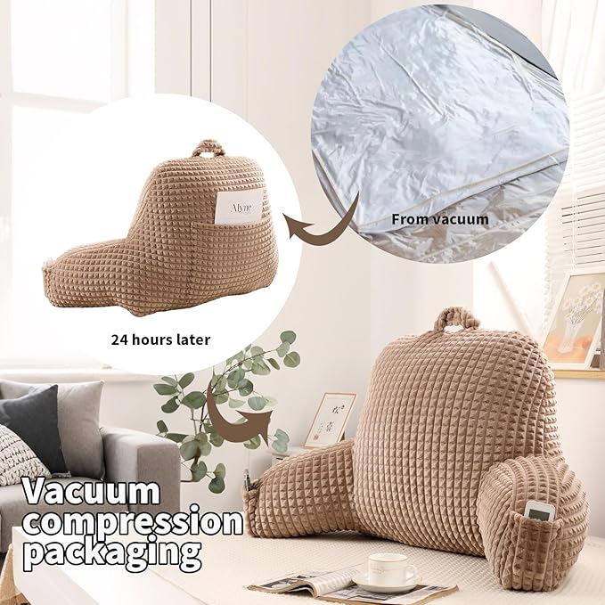 Reading Pillow for Sitting in Bed, Large Backrest Reading Pillow with Arm Rest,Back-Rest Support Cushion for Sit Up on Couch, Sofa, and Floor, Dorm Essentials (Khaki Flannel, Standard(17inch))