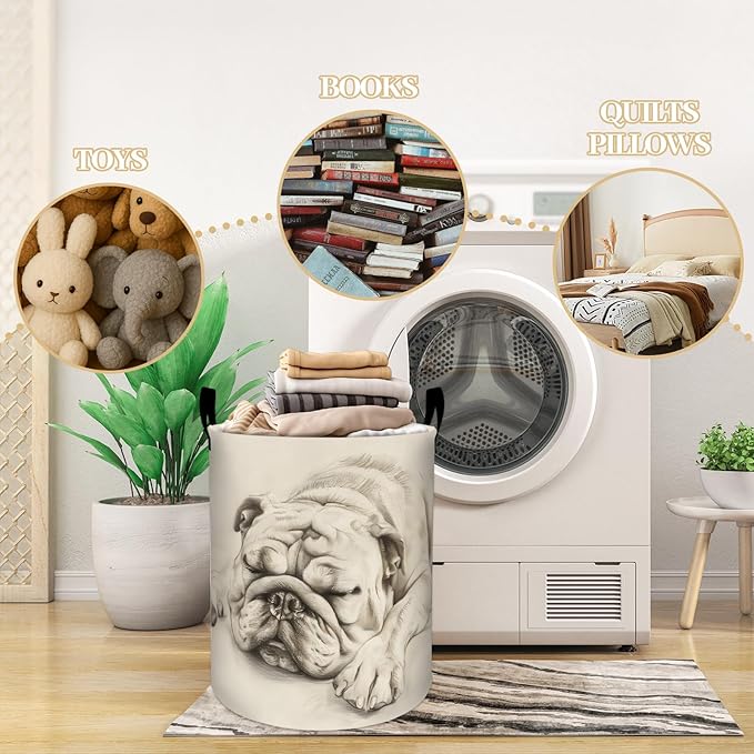 Sleeping Bulldog Pencil Sketch Art Laundry Basket, Dorm Nursery Foldable Laundry Hamper Organizer for Bathroom Decor, Toy Clothes Storage Box for Bedroom 19.7x15.7 Inch