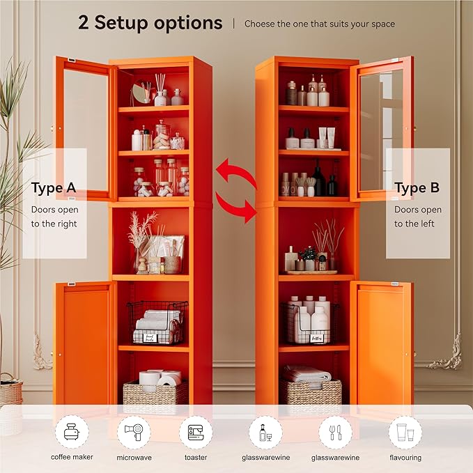 2-Door Metal Storage Cabinet, Tall Slim Pantry Organizer with 3 Adjustable Shelves (120LBS/Shelf), Anti-Tipping Waterproof Cabinet for Bathroom/Kitchen/Home Office/Small Spaces,(1PC,Orange)
