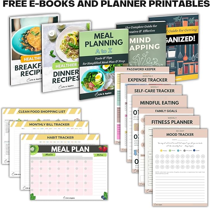 Life & Apples Meal Planner with Grocery List – Undated Weekly Menu & Meal Prep Notebook for Women & Men, Healthy Eating & Weight Loss Planner, 52-Week Spiral Bound Journal, Forest