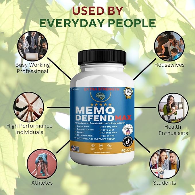 Memo Defend Max Memory Support Supplement, 60 Capsules, with Vitamins A C D E B Complex, DHA, Bacopa, Grapefruit Seed (3)