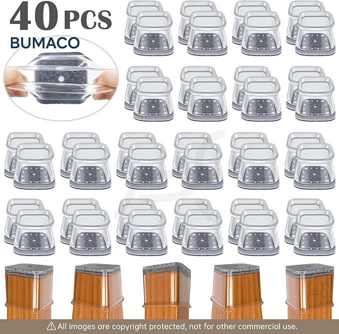 BUMACO Chair Leg Floor Protectors Square Chair Leg Protectors for Hardwood Floors Silicone Pads Covers to Protect Floors Clear-40 Pcs Square L (1-1/16" to 1-5/8")