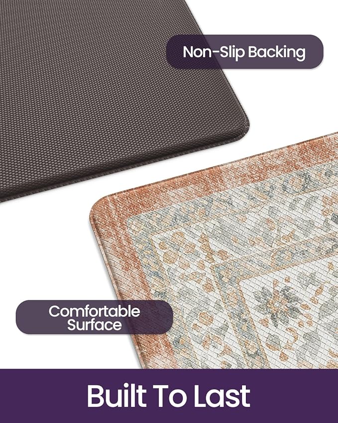 DEXI Kitchen Floor Mats Anti Fatigue, 23x59 Large Cushioned Vintage Runner Rug Waterproof, Standing Comfort Memory Foam Padded for Front Sink Laundry Office, Orange and White