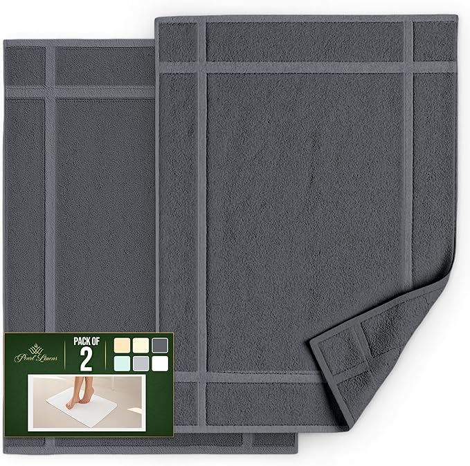 Pearl Linens 100% Ring Spun Cotton Bath Mat (Pack of 2) 20 x 30 Inch, Washable, Soft & Absorbent Terry Bathroom Floor Mat – Not Bathroom Rugs – Quick-Dry After Shower Bath Mat, 687 GSM, Dark Grey