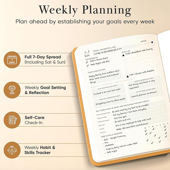 2026 Planner, Daily Journal & Gratitude Journal All-In-One with To Do List, Self Care Prompts & Habit Tracker - 7 x 10 - Orange