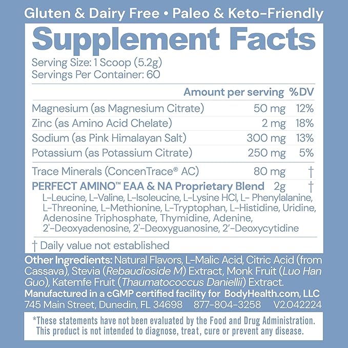 BodyHealth PerfectAmino Electrolytes Powder No Sugar, Keto Sugar Free Fasting Electrolytes Drink Mix, Hydration Powder with Trace Minerals - Watermelon - 60 Servings