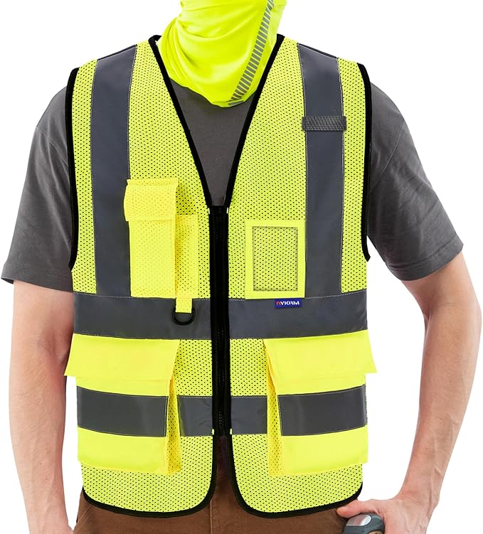 A-SAFETY High Visibility Mesh Safety Reflective Vest with Pockets and Zipper,Hi Vis Viz Reflective Safety Vest(Yellow Mesh L)