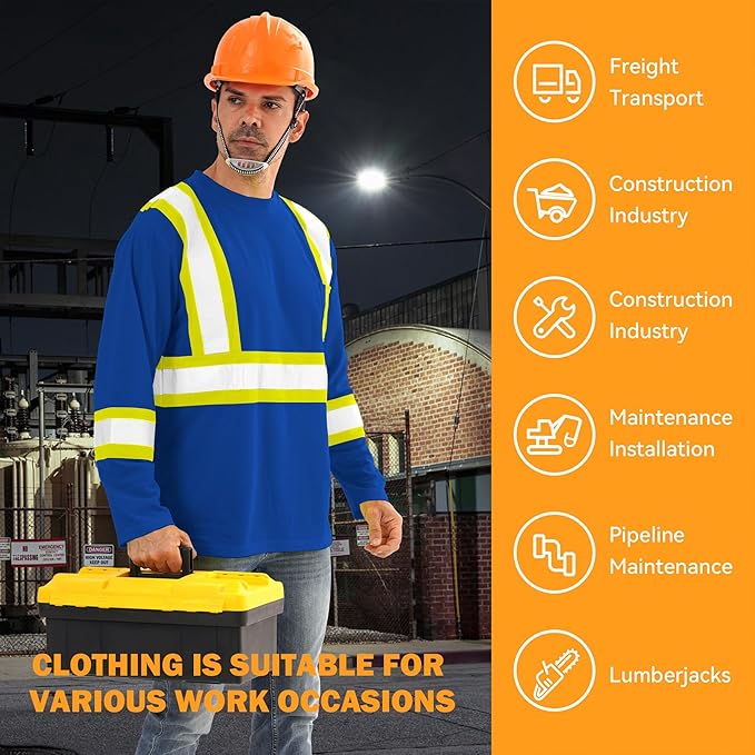 Hi Vis Safety Long Sleeve Shirts，High Visibility Class 3 T Shirts with Reflective Strips and Pocket, Quick Dry Mesh Construction Work Shirt for Men/Women (Blue,2XL)