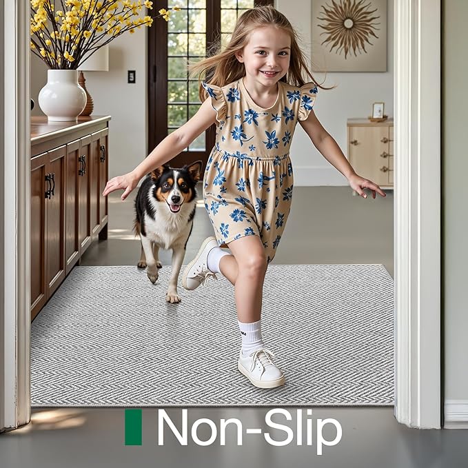 LUMI Ultra Thin Indoor Door Mat for Entrance 17"x30", Non Slip Entryway Mat, Low Profile Doormat, Unique Herringbone Design Carpet for Inside, Patio, Porch, Gray