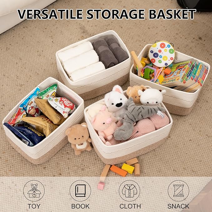 4 Pack Storage Baskets for Organizing, 15.75''x11.8''x7.87'', Decorative Cotton Rope Baskets with Wave-Patterned Embroidery, Small Woven Basket for Toys, Books and Towels, Brown&White