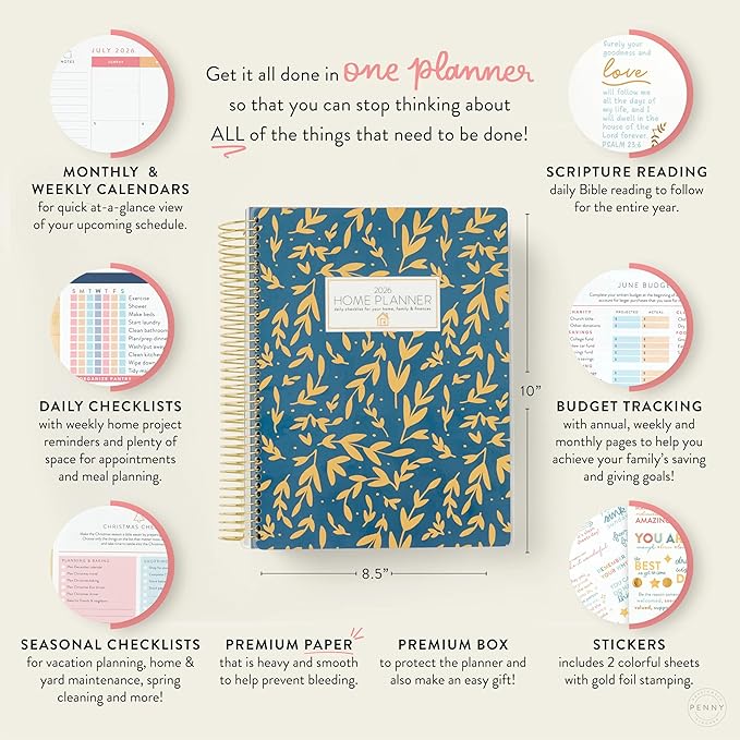 PPP Home Planner 2026 | 12-Month Weekly Calendar (Sunday Start) | Monthly Review & Seasonal Checklists | Budgeting & Savings Worksheets | Daily Bible Reading Plan | Checklists for Routines and Goals
