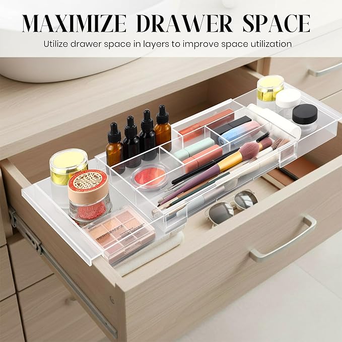 2Pack Shallow Expandable Drawer Organizer, Adjustable 12.5”–20” Clear Plastic Drawer Organizer Tray for Vanity Bathroom Desk Kitchen Drawers, Multi Compartment Storage