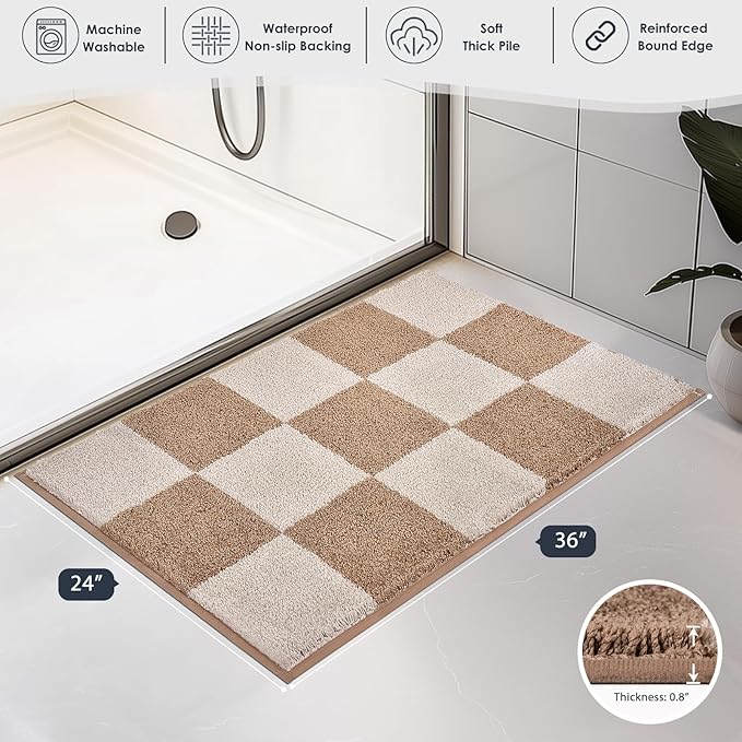 PURRUGS Bathroom Rug Non-Slip Machine Washable 24" x 36", Super Absorbent and Quick-Dry Bath Mat, Extra Soft and Plush Bath Rug for Shower, Bathtub and Sink, Beige & Grayish Brown