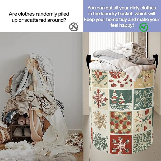 Christmas Laundry Basket-Large Foldable Hamper Holder Portable Tall Collapsible Laundry Hamper Storage Basket Bin with Handles, Canvas & Waterproof lining for Household Items