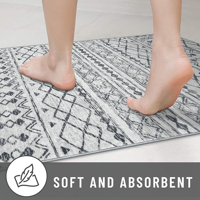 KUTA Boho Runners for Hallways 2x8 Grey Moroccan Washable Runner Rug Non-Slip Vintage Kitchen Rugs Ultra Soft Distressed Geometric Floor Carpet for Bedroom Laundry Living Room