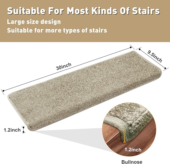 PURE ERA Bullnose Carpet Stair Treads Set Tape Free Non-Slip Indoor Stair Protectors Pet Friendly Rugs Covers Soft Skid Resistant Washable Reusable 9.5" x 30"(2 Pieces,Cream Gray)
