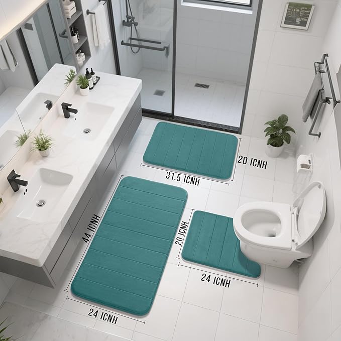 Yimobra 3 Pieces Memory Foam Bath Mat Set with U-Shaped Toilet Rug - Non Slip Super Soft Absorbent Quick Dry Bathroom Rugs for Bathtub, Vanity & Toilet Base, Teal