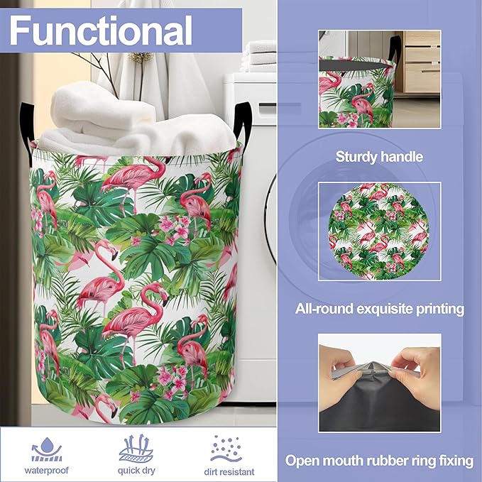 Tropical Flamingo Flower Laundry Hamper Large Canvas Fabric Lightweight Storage Basket/Dirty Clothes Collapsible Waterproof for College Dorms, Boys and Girls Bedroom,Bathroom