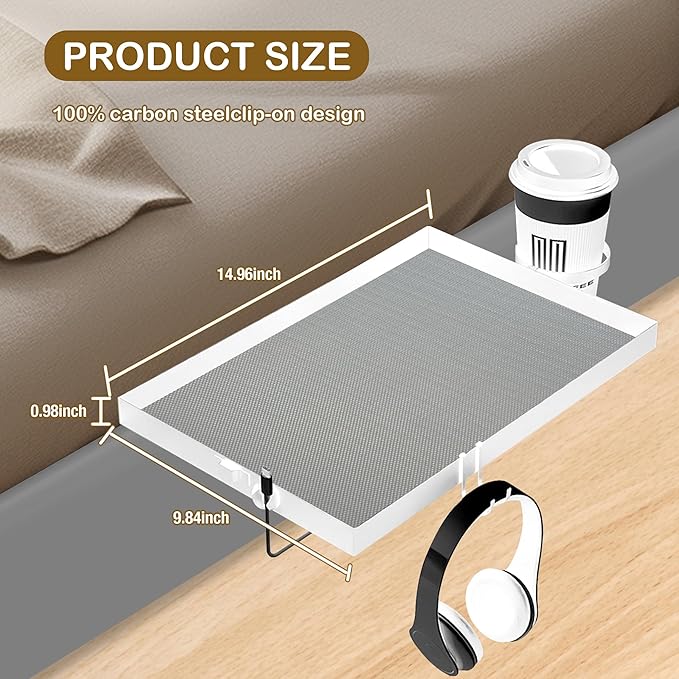 Metal Bedside Shelf for Bunk Bed & Top Bunk, Clip On Bed Side Table Tray Organizer for College Dorm Room,Loft Nightstand, Organizer Tray with Hook, Cord Clip and Cup Holder (White)