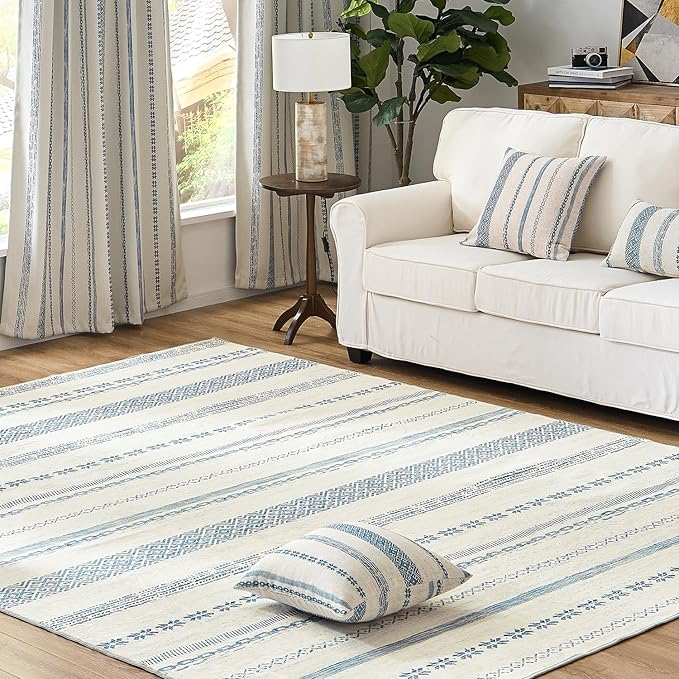 jinchan Moroccan Boho 5x7 Area Rugs for Bedroom - Machine Washable Soft Throw Rug Bohemian Ripple Design Non-Slip Carpet for Living Room Kitchen Dining Room Home Office (5‘x7', Blue)