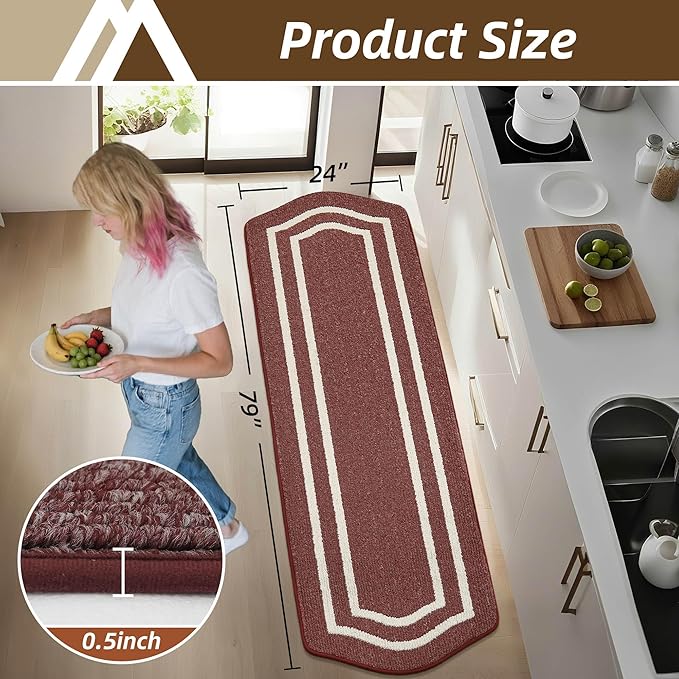 COSY HOMEER Long Kitchen Floor Mats for in Front of Sink Super Absorbent Kitchen Rugs and Mats 24"x79" Non-Skid Kitchen Mat Standing Mat Washable,Polypropylene,Red,Frame