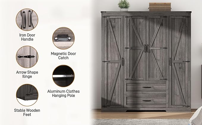 4 Doors Wardrobe Armoire Closet with Doors and Drawers, Farmhouse Wooden Armoire Storage Cabinet with Shelves & Hanging Rod for Bedroom, Grey